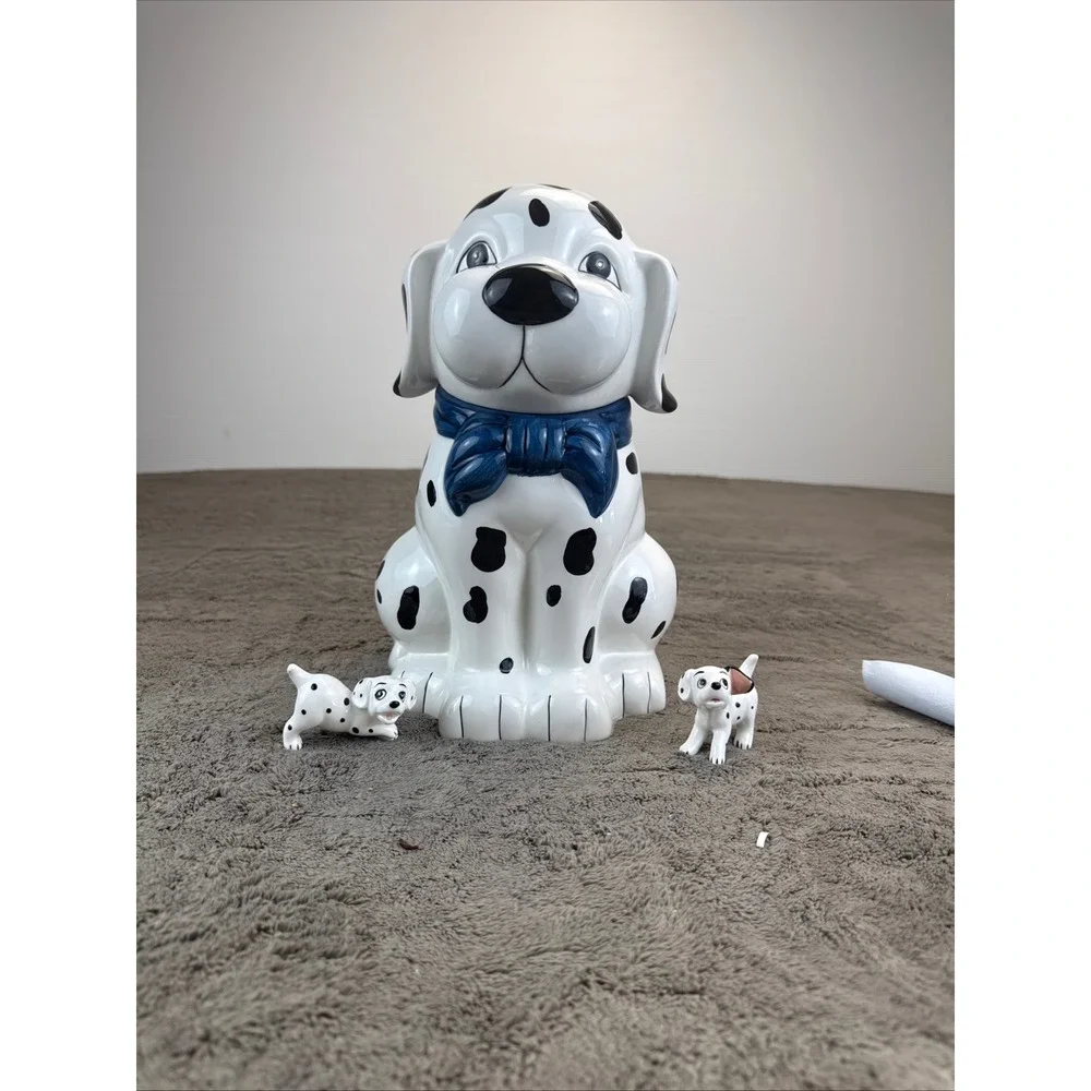 Vintage Dalmatian Ceramic Cookie Jar with‎ 2 Puppy Figurines Blue Bow Set
